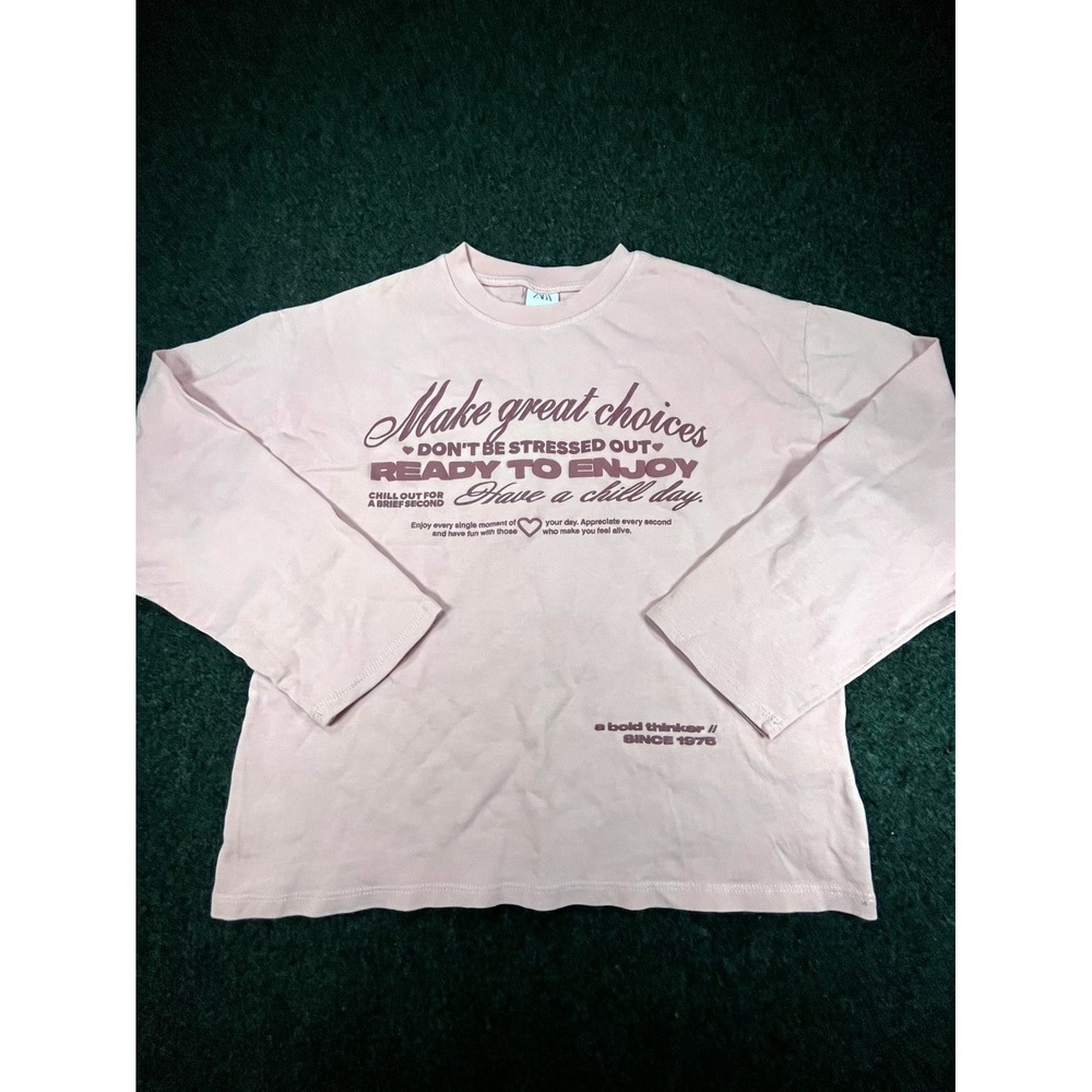 Zara T Shirt Kids Girls Size 11-12 Pink Graphic Print Long Sleeve Crew Neck